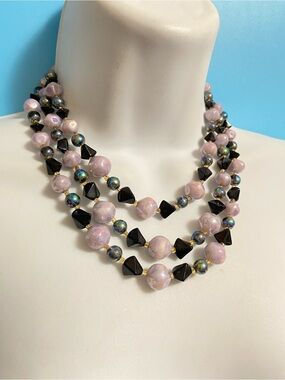 Japan Necklace Triple Strand Glass &’Acrylic Beads Vintahe 17”